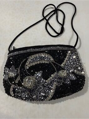 Black Sequin Floral Evening Crossbody Bag